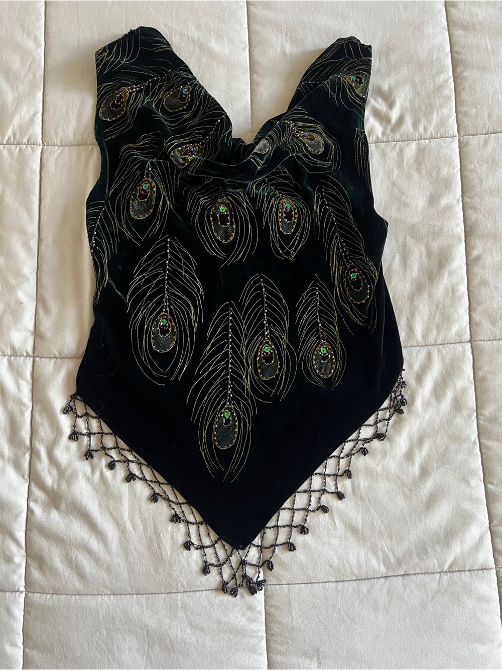Velvet Cowl Neck Beaded Fringe Top